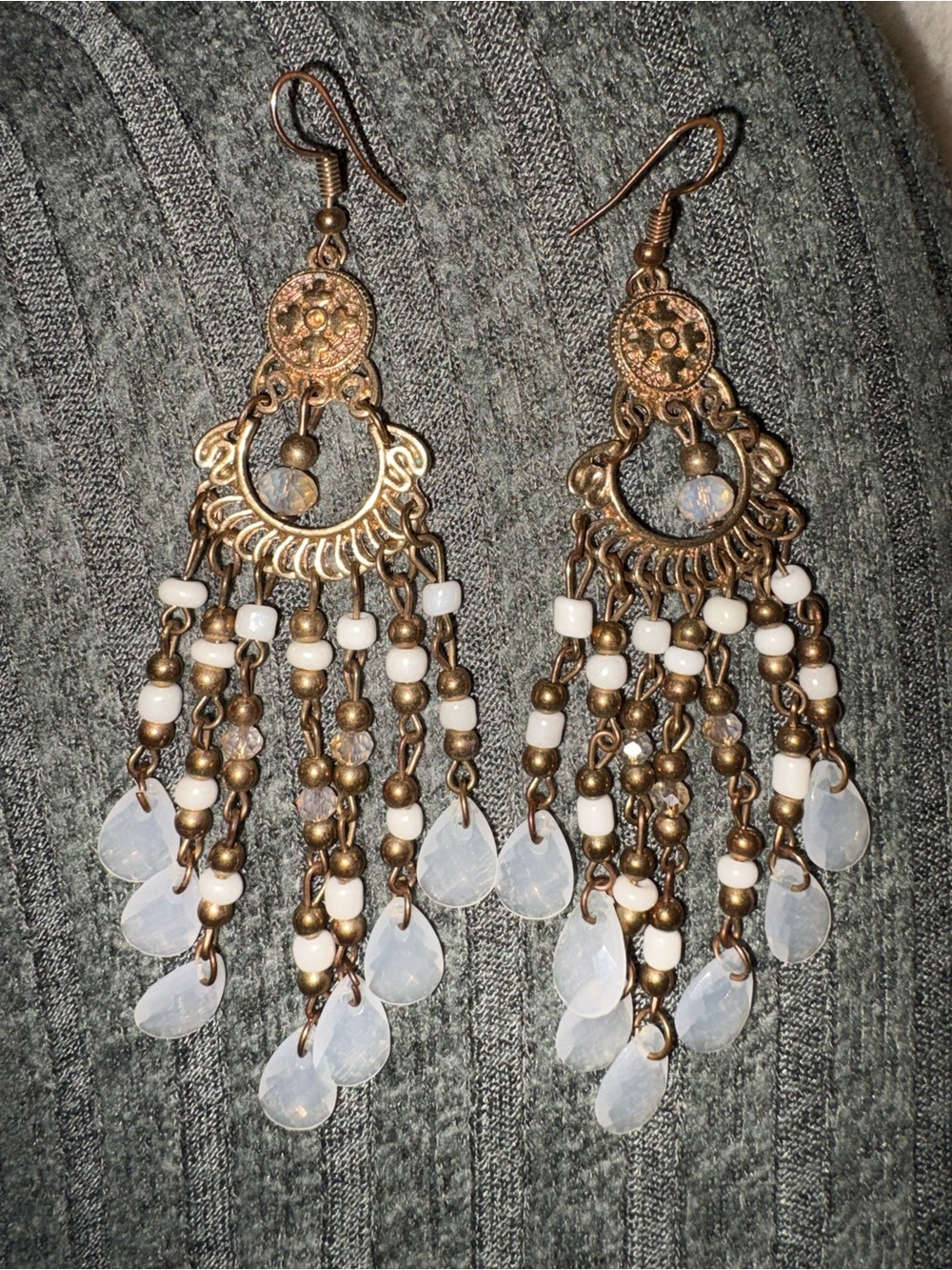 Bohemian White Beaded Chandelier Earrings